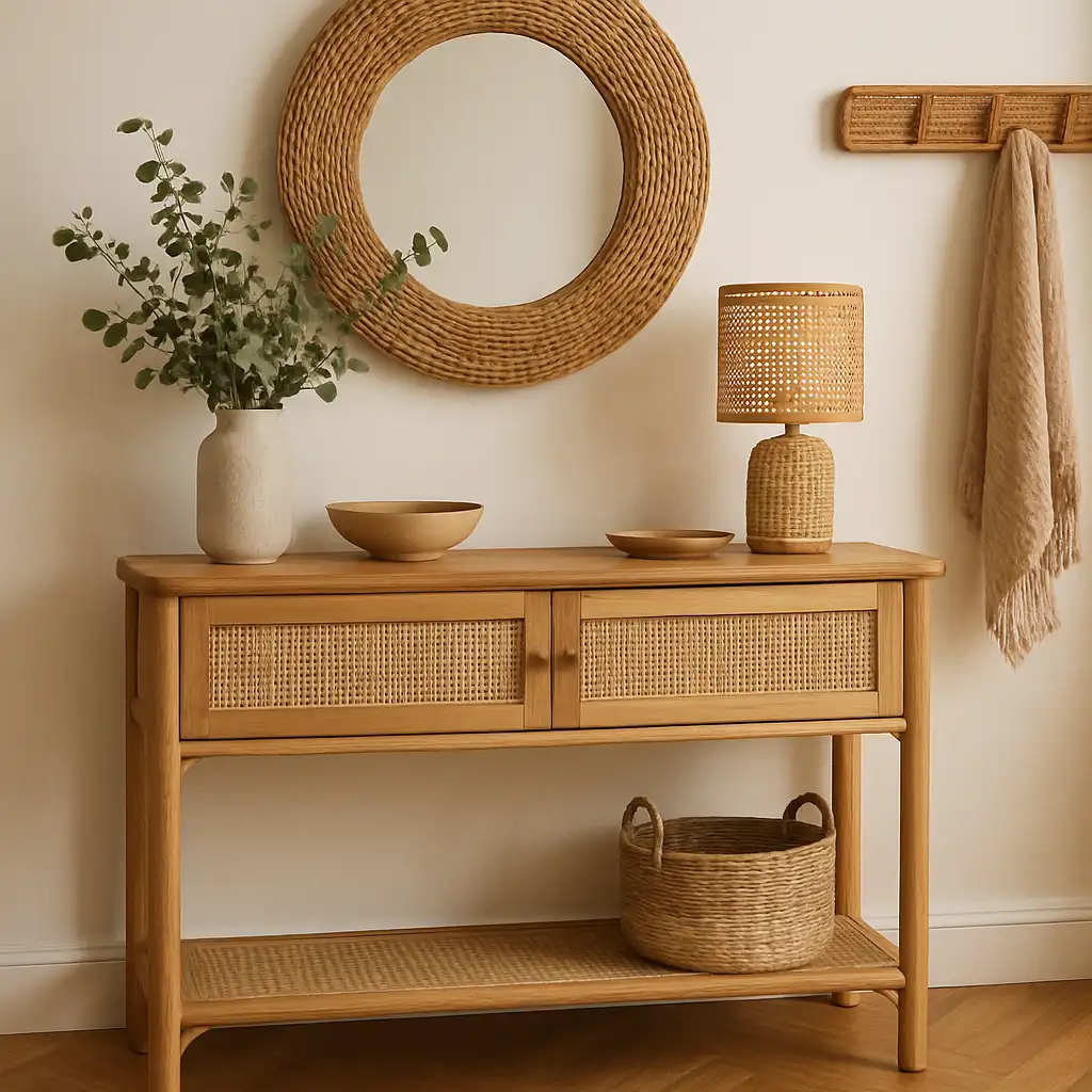 Arredare l'Ingresso nel 2026: La Consolle in Legno e Rattan per un Design Organico e Funzionale