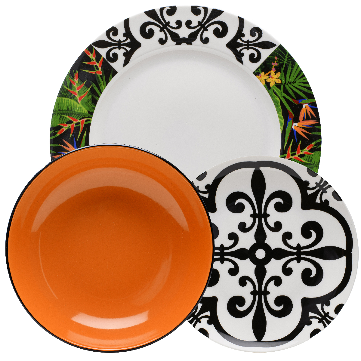 18 pcs porcelain tableware (6 flat plates, 6 stoneware soup plates, 6 fruit plates) Ø 27 cm, Ø 20 cm, Ø 19 cm - Jungla