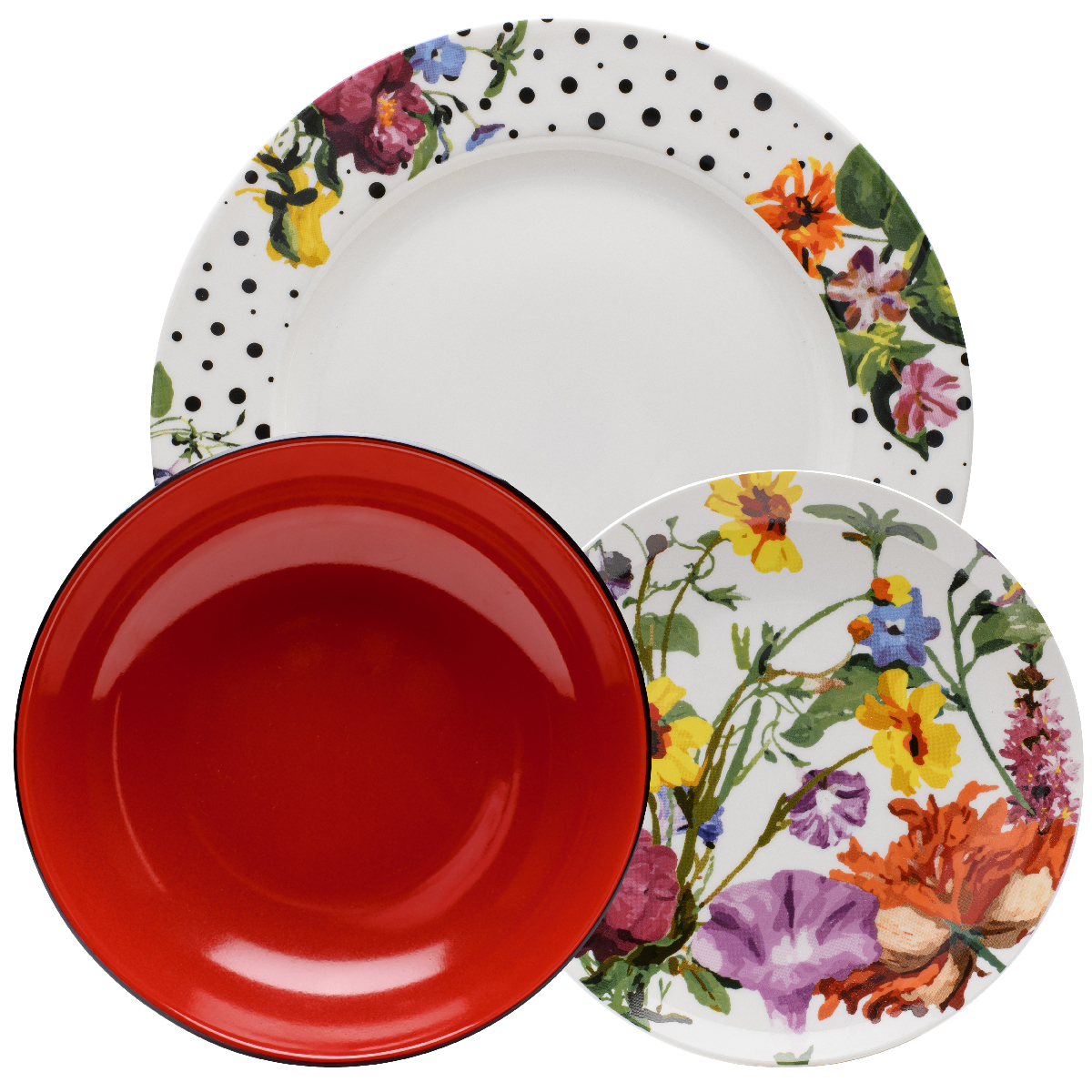 18 pcs porcelain tableware (6 flat plates, 6 stoneware soup plates, 6 fruit plates) Ø 27 cm, Ø 20 cm, Ø 19 cm - Flor