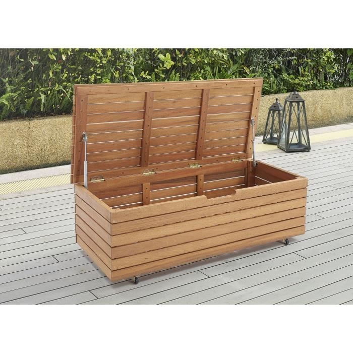 Garden chest 190L in exotic eucalyptus wood FSC - 190 L - 48.5 x 109.5 x 37 cm - With wheels - Teak effect