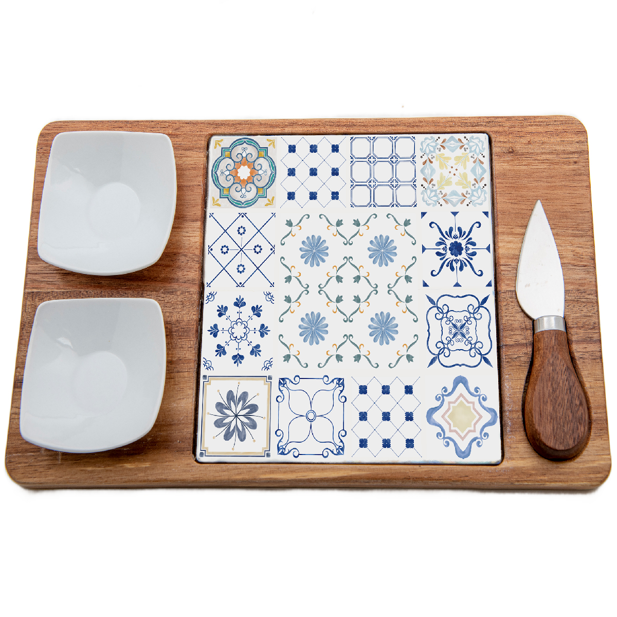 Cheese set (wooden base with ceramic insert, 2 ceramic bowls and 1 steel knife with wooden handle) 30 x 17 cm - Majolica