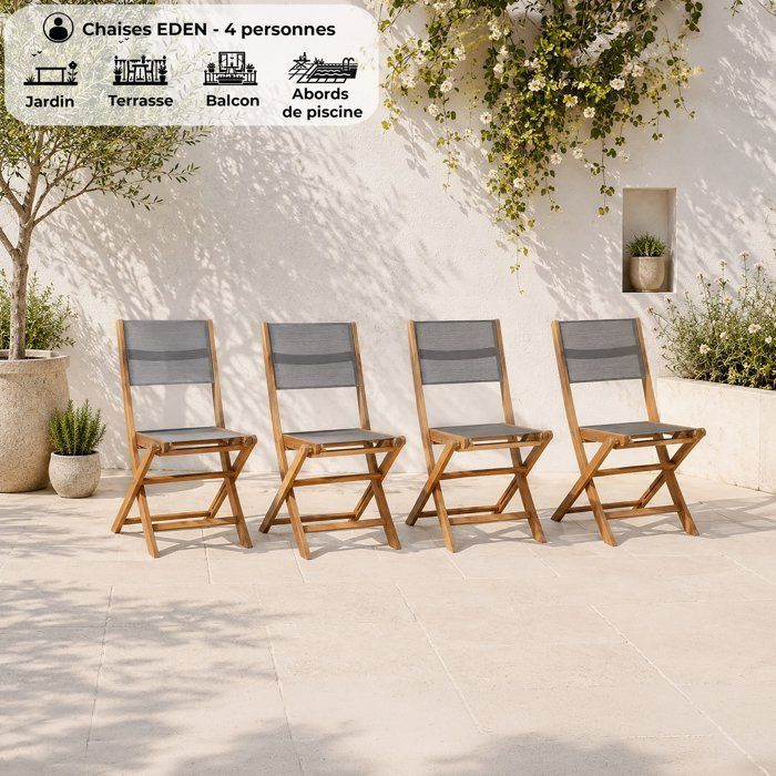 Set of 4 FSC acacia wood garden chairs and textilene seat - 50 x 57 x 90 cm - Grey
