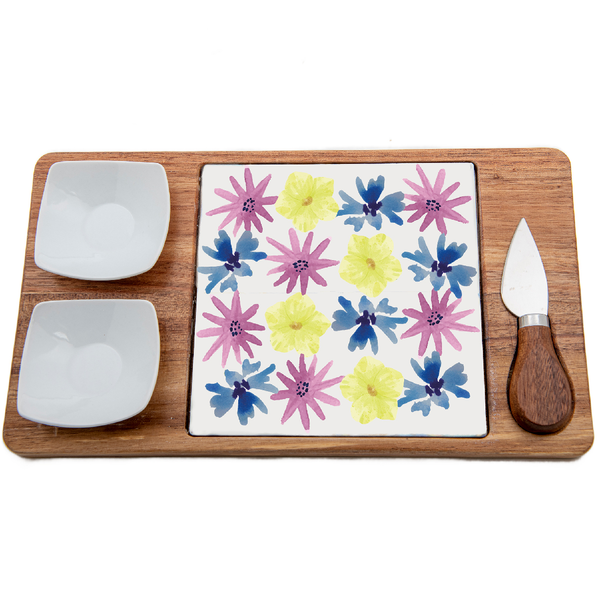 Cheese set (wooden base with ceramic insert, 2 ceramic bowls and 1 steel knife with wooden handle) 30 x 17 cm - Floral