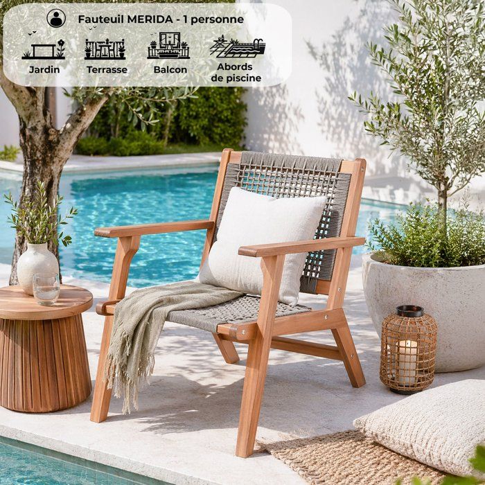 Low armchair in FSC Acacia wood and woven resin - 1 person - Merida - Olive green