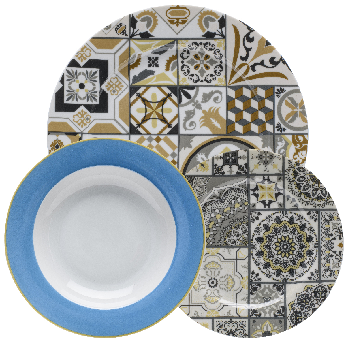 18-piece tableware (6 flat plates, 6 bottoms, 6 fruits) Ø 27 cm, Ø 21 cm, Ø 19 cm - Ostuni