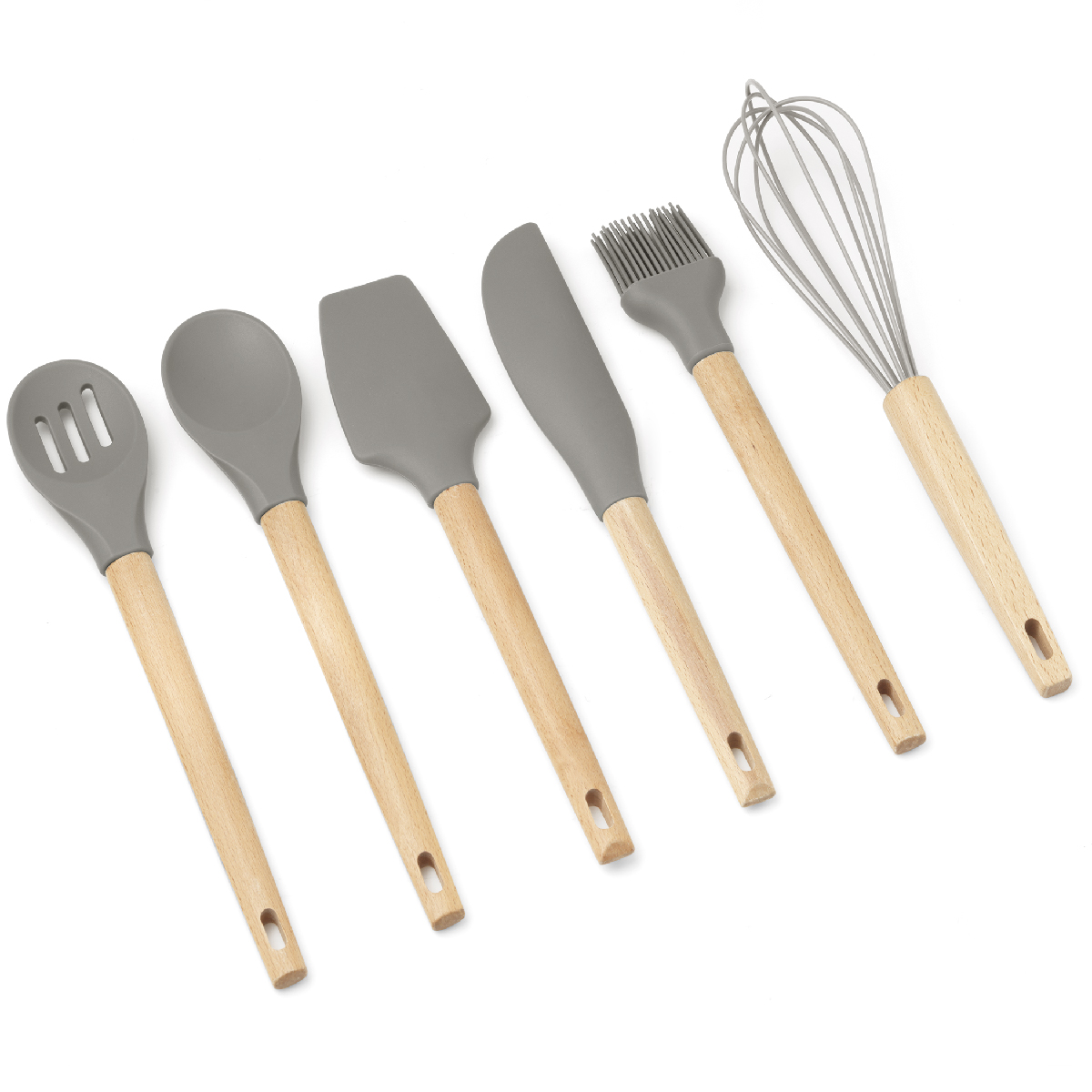 Set of 6 silicone pastry utensils with beech wood handle (2 spatulas, 2 spoons, whisk and brush) - Forest