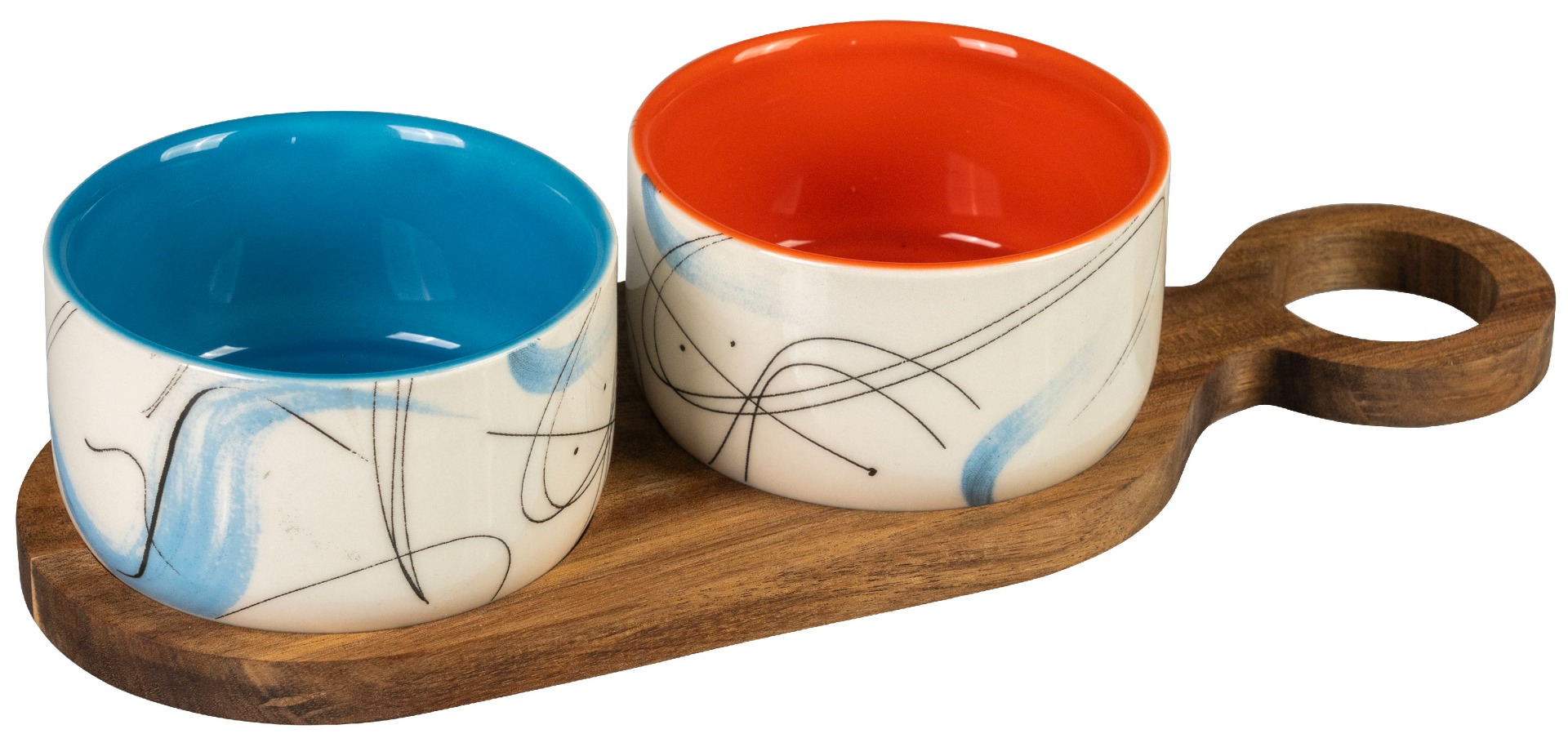 Aperitif set consisting of 2 ceramic bowls ø 9 x h 5 cm and acacia tray 27.5 x 9.5 cm - Stones