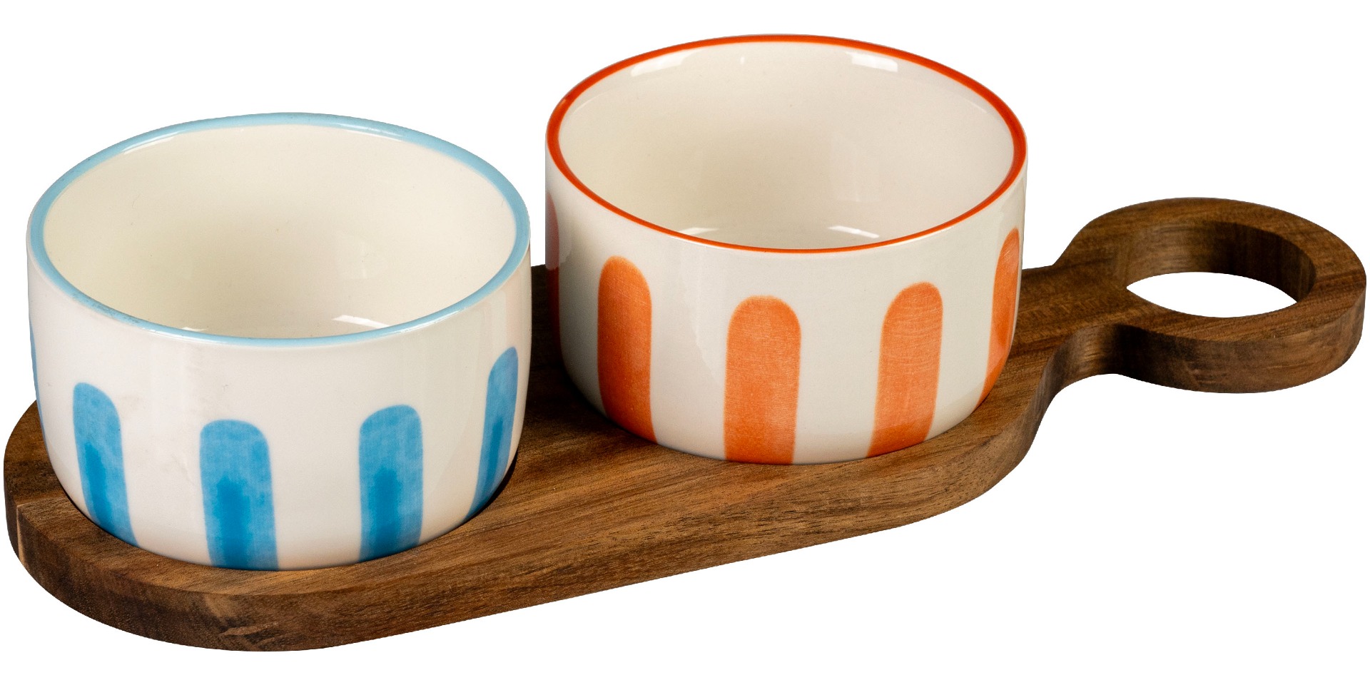 Aperitif set consisting of 2 ceramic bowls colored border ø 9 x h 5 cm and acacia tray 27.5 x 9.5 cm - Stones