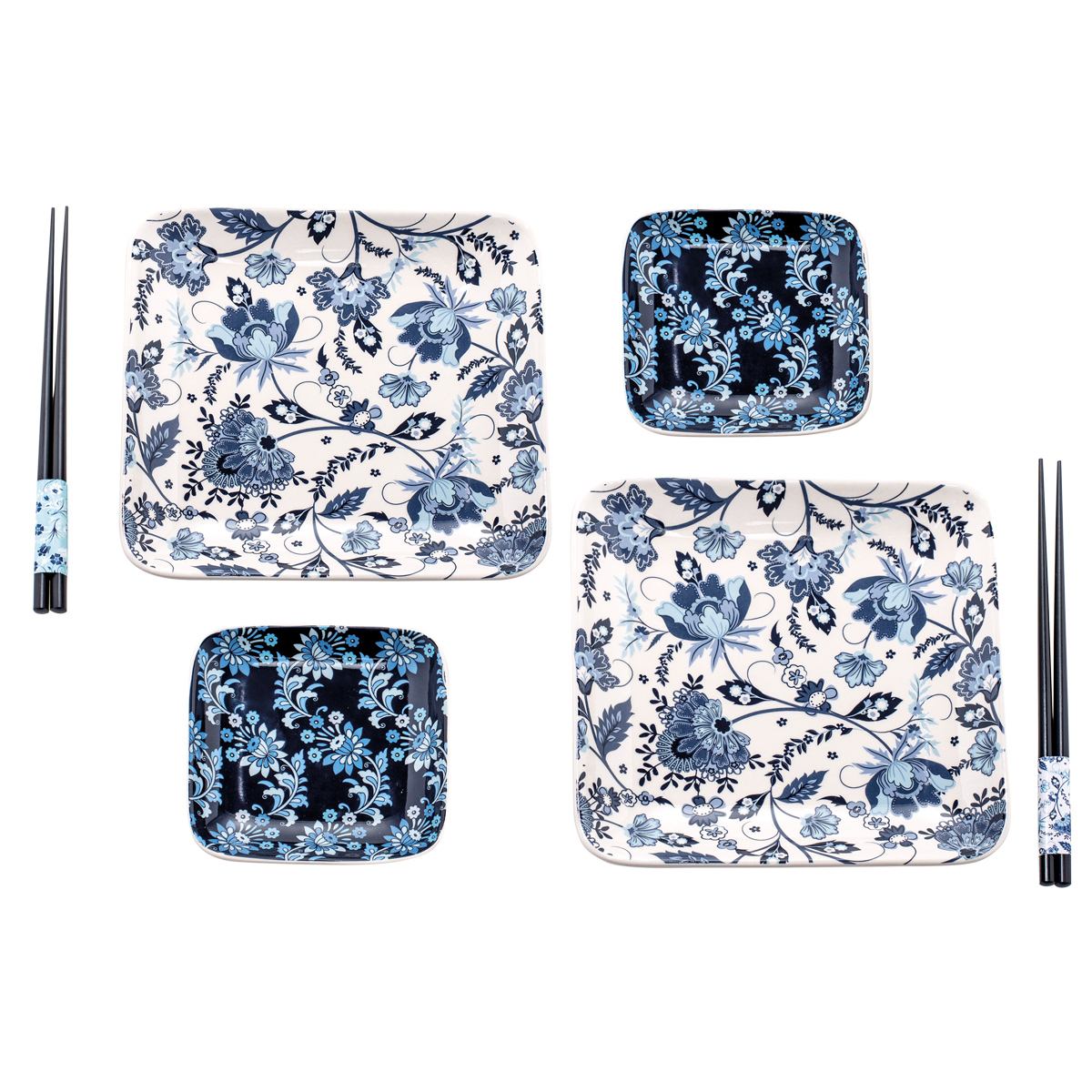 Set sushi (2 piatti quadrati, 2 piattini quadrati e 2 paia di bacchette) 20 x 20 cm, 12 x 12 cm - Kyoto
