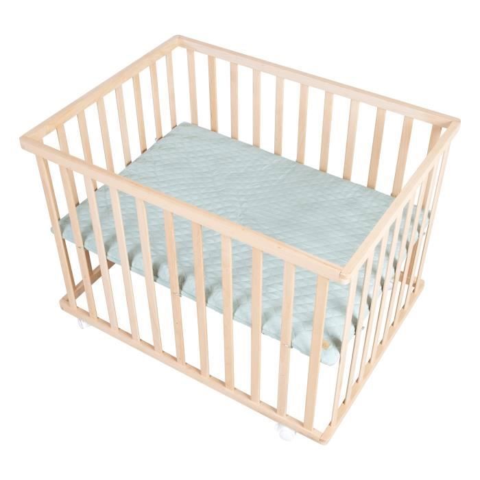 Box per bambini - ROBA - 75 x 100 cm - Include tappeto per box verde smerigliato 'Roba Style' - Ruote - Legno naturale