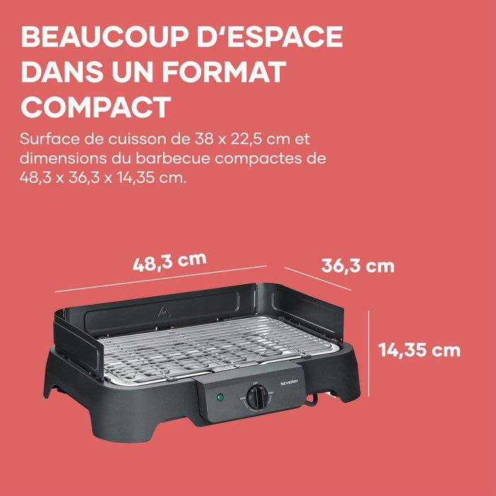 Barbecue elettrico da tavolo - SEVERIN - PG8593 - 2000 W - Superficie di cottura 38 x 22 cm - Griglia in acciaio inox - Termostato regolabile - Nero