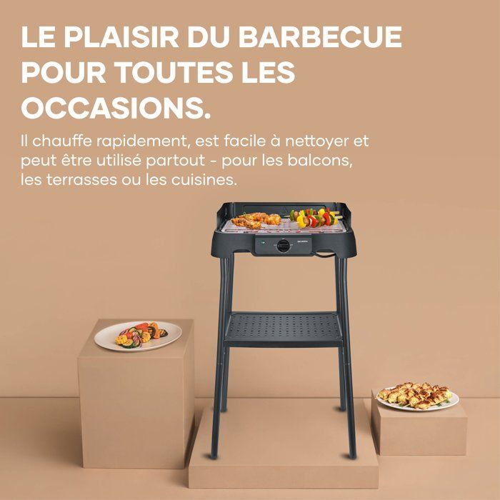 Barbecue elettrico con gambe - SEVERIN - PG8594 - 2000 W - Superficie di cottura 38 x 22 cm - Termostato regolabile - Nero