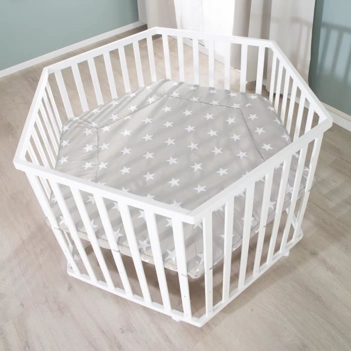 Box per bambini ROBA LITTLE STARS Hegaxonal - Altezza regolabile - Rivestimento imbottito - Ruote frenanti - Legno laccato bianco - Motivo a stelle