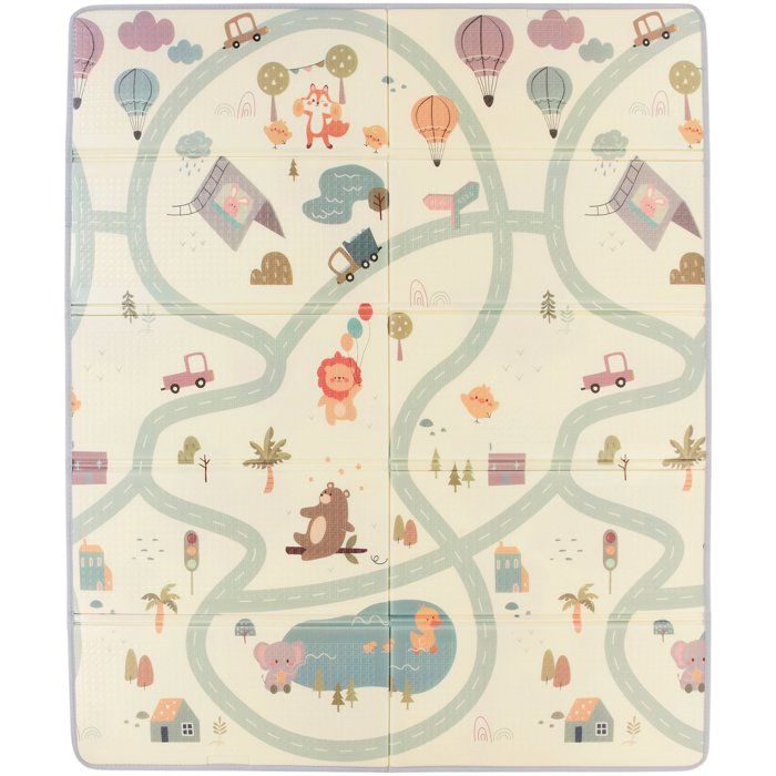 Maxi tappeto gioco - TINEO - Reversibile - 150 x 180 cm - Animali da un lato / Pista macchinine dall'altro
