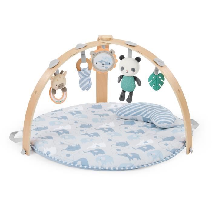Tappetino da gioco pieghevole per bambini INGENUITY Cosy Spot Elephant, cuscino reversibile, arco da gioco in legno, specchio e giocattoli sensoriali per bambini