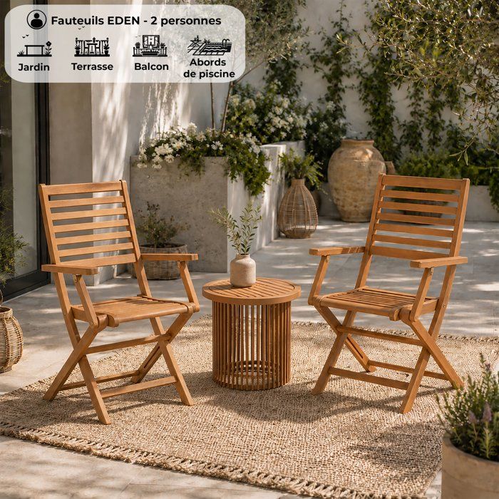 Set of 2 FSC eucalyptus folding garden chairs - 57.5x56x90cm