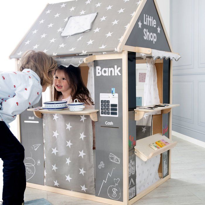 Casetta 4 in 1 - ROBA - Legno e tessuto - 4 lati: teatro, negozio di alimentari, ufficio postale/banca, chiosco con lavagna - Grigio