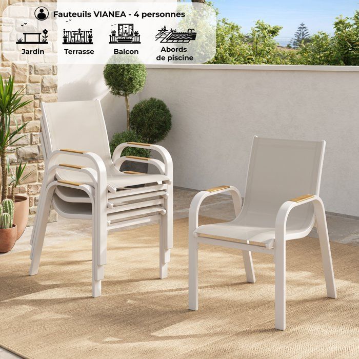 Set di 4 sedie da giardino per pranzo - VIANEA - Alluminio e textilene - 52 x 64,5 x 86,5 cm