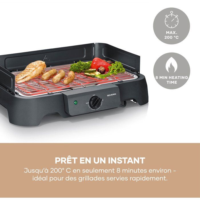Barbecue elettrico da tavolo - SEVERIN - PG8593 - 2000 W - Superficie di cottura 38 x 22 cm - Griglia in acciaio inox - Termostato regolabile - Nero