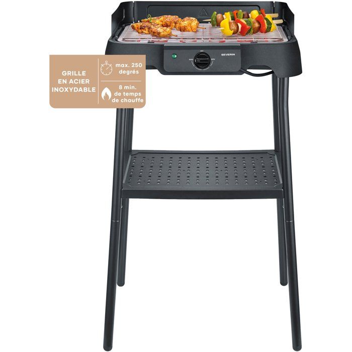Barbecue elettrico con gambe - SEVERIN - PG8594 - 2000 W - Superficie di cottura 38 x 22 cm - Termostato regolabile - Nero