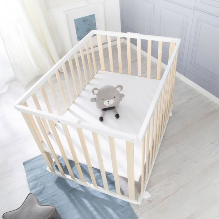 Box pieghevole per bambini - ROBA - 75 x 100 cm - Altezza regolabile - Ruote - Legno / Bianco
