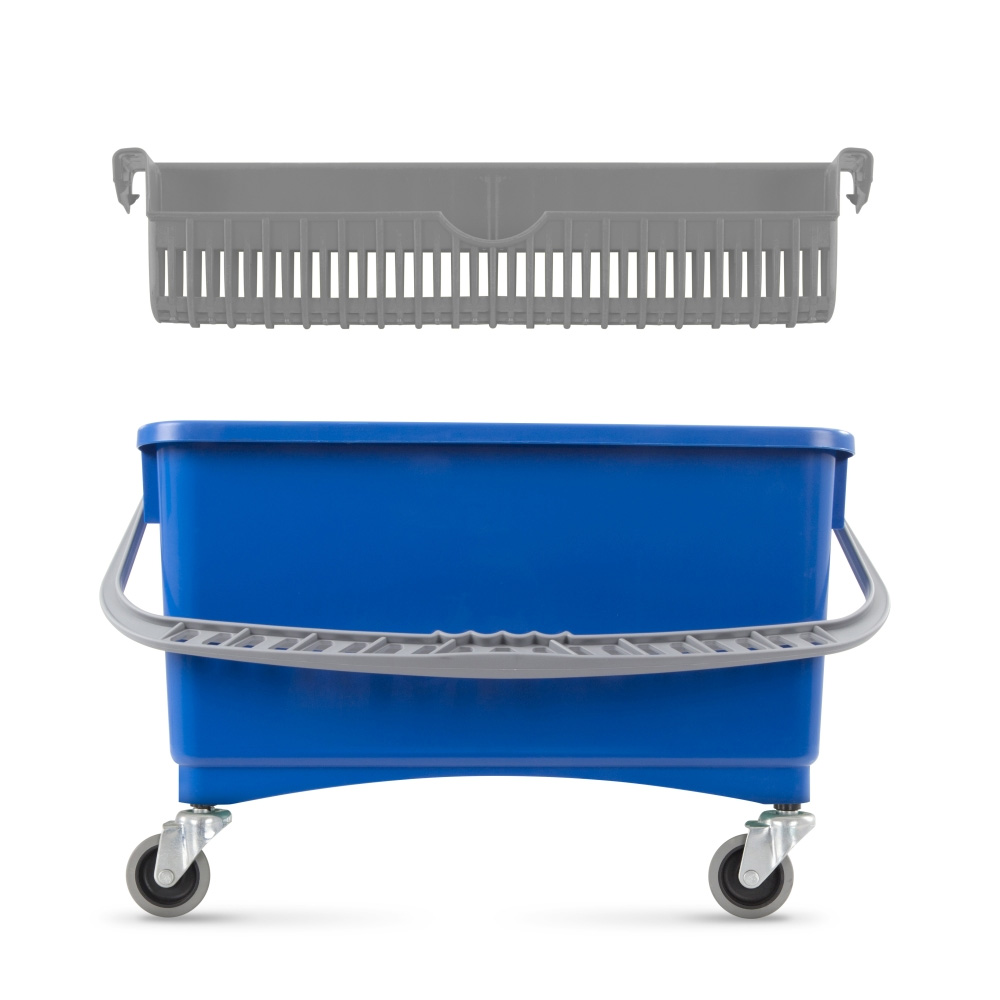 Sink bucket with squeegee and blue wheels