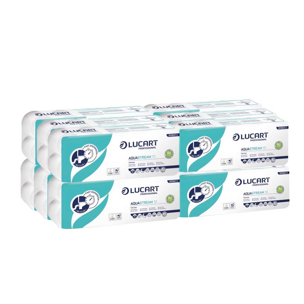 Pack of 12 packs of Aquastream water-soluble toilet paper with 10 rolls