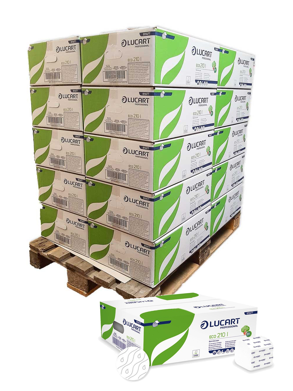 Pallet of 20 boxes of 40 packs each of Lucart interleaved toilet paper