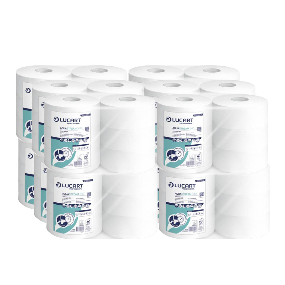 Packaging: 12 packs of Aquastream 340 Maxi Jumbo water-soluble toilet paper with 6 rolls