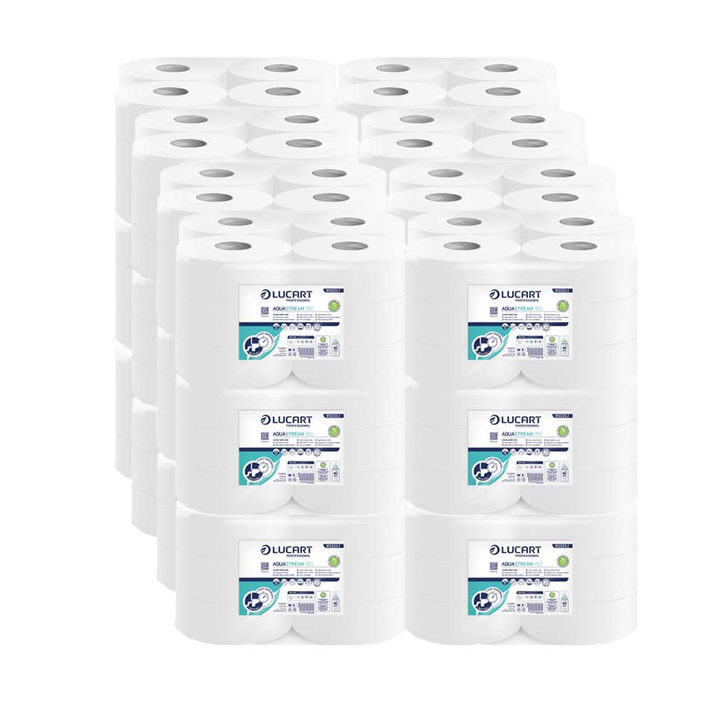 Pallet of 24 packs of Aquastream water-soluble 150 Mini Jumbo toilet paper 12 rolls