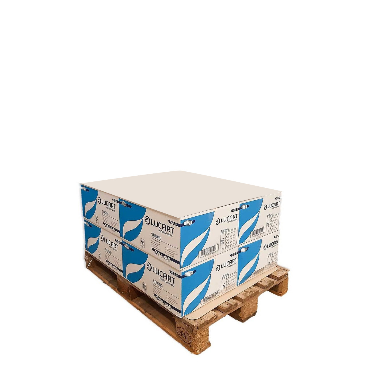 Packaging: 8 boxes of Strong Blue 155 ID 2-ply paper towels