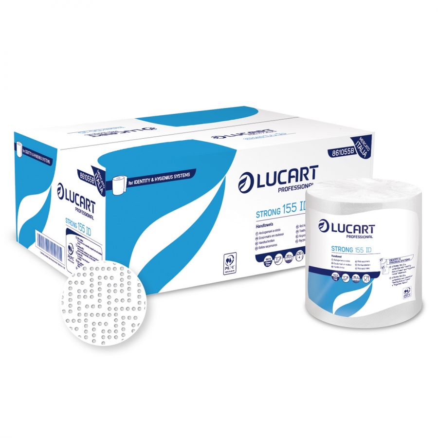 Packaging: 8 boxes of Strong Blue 155 ID 2-ply paper towels