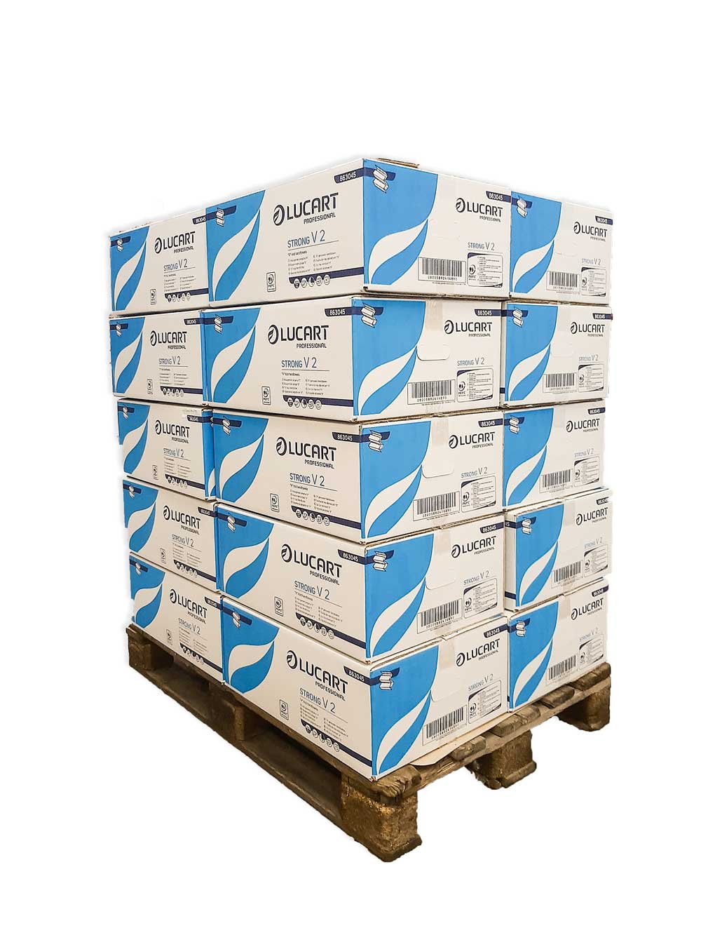 Pallet of 20 boxes of 20 packs of Strong Lucart 2-ply paper towels