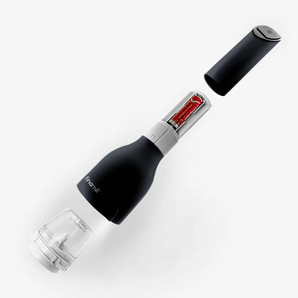 Finamill Midnight Black battery-powered electric spice grinder with 2 containers