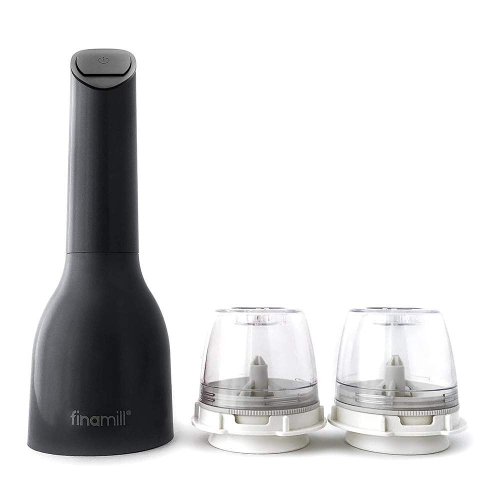 Finamill Midnight Black battery-powered electric spice grinder with 2 containers
