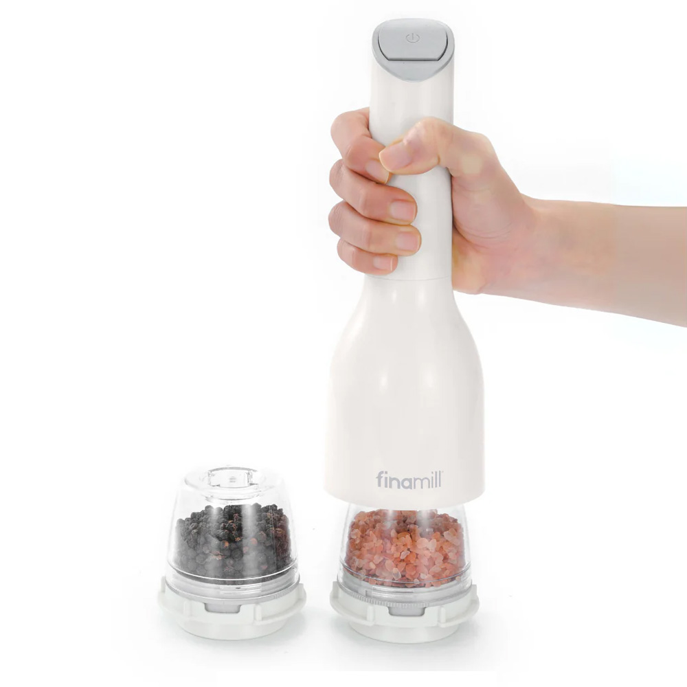 Finamill white battery-powered electric spice grinder with 2 containers