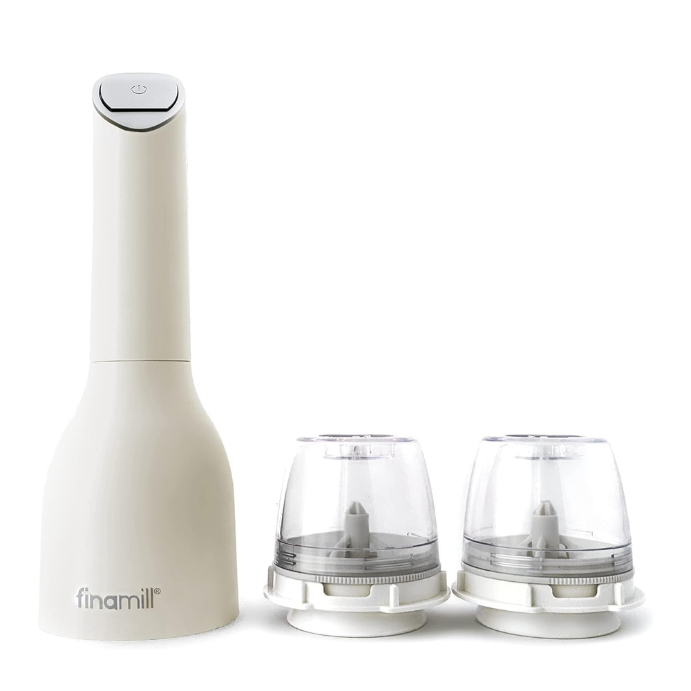 Finamill white battery-powered electric spice grinder with 2 containers