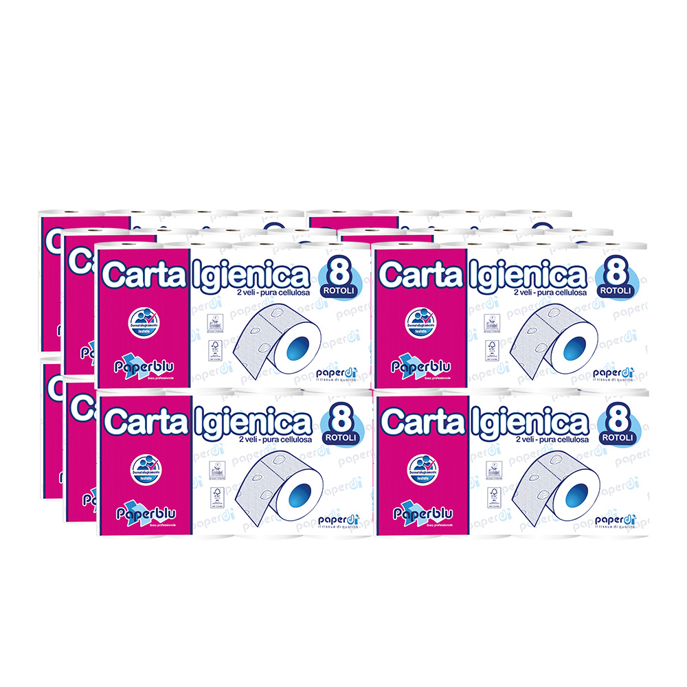 Packaging: 12 packs of toilet paper, 8 rolls, Paperblu in pure cellulose