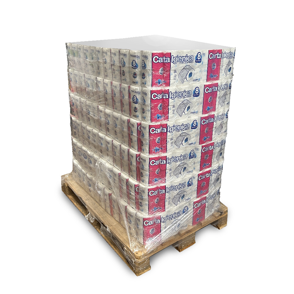 Pallet of 144 packs of Paperblu 8-roll toilet paper in pure cellulose
